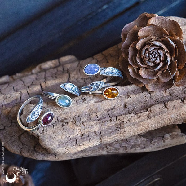 Bague "Plume" en Argent 925, pierre au choix - Illustrations & Bijoux fantaisie ClairObscur Art
