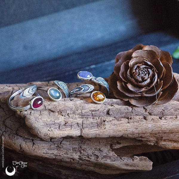 Bague "Plume" en Argent 925, pierre au choix - Illustrations & Bijoux fantaisie ClairObscur Art