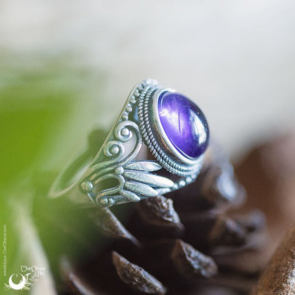 Bague "Swan" Améthyste ajustable, en Argent 925 - Illustrations & Bijoux fantaisie ClairObscur Art