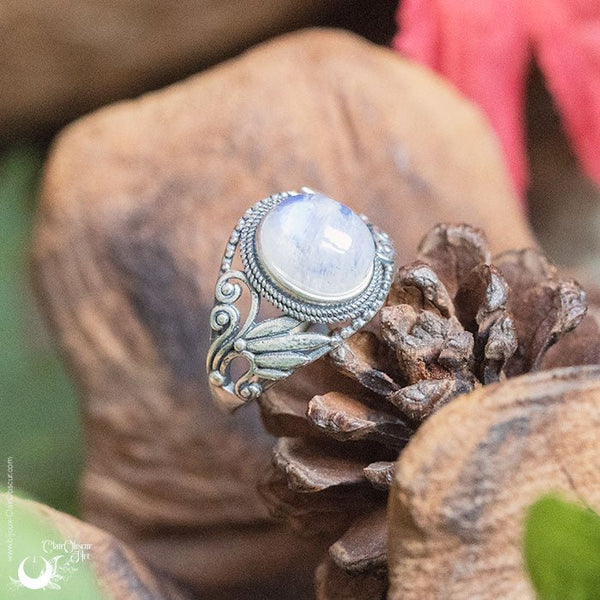 Bague "Swan" Pierre de Lune arc - en - ciel ajustable, en Argent 925 - Illustrations & Bijoux fantaisie ClairObscur Art