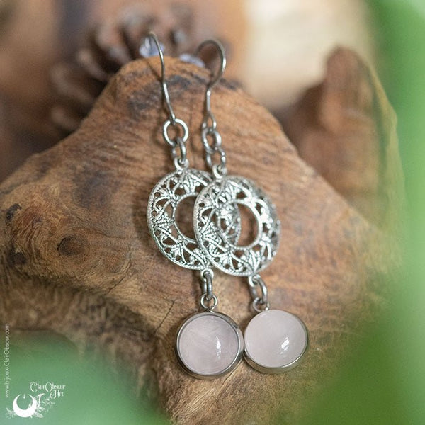 Boucles d'Oreilles "Calliope" Quartz rose - Illustrations & Bijoux fantaisie ClairObscur Art