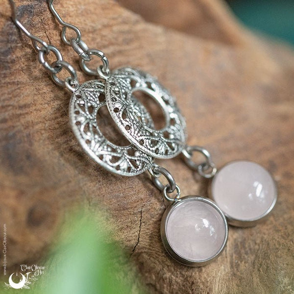 Boucles d'Oreilles "Calliope" Quartz rose - Illustrations & Bijoux fantaisie ClairObscur Art