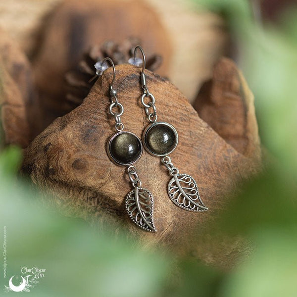 Boucles d'Oreilles Fantaisie Obsidienne dorée, breloque au choix - Illustrations & Bijoux fantaisie ClairObscur Art