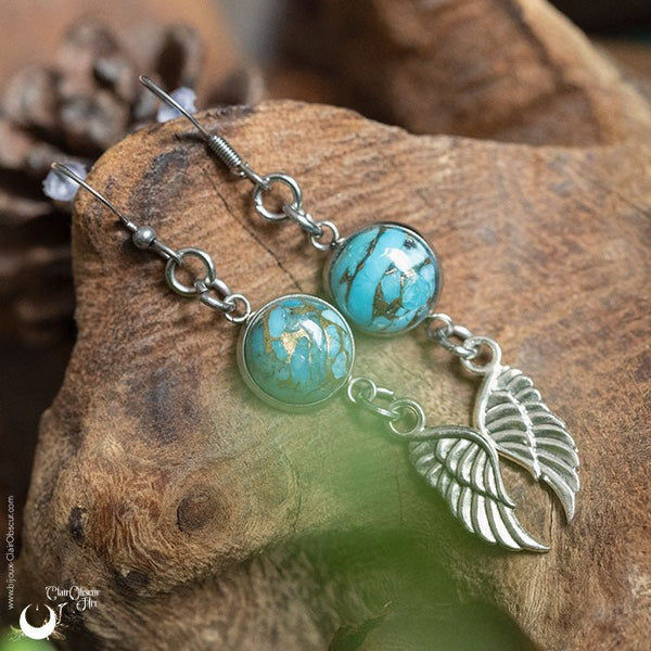 Boucles d'Oreilles Fantaisie Turquoise, breloque au choix - Illustrations & Bijoux fantaisie ClairObscur Art