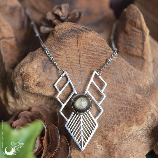 Collier "Athena" Obsidienne dorée, acier inoxydable - Illustrations & Bijoux fantaisie ClairObscur Art