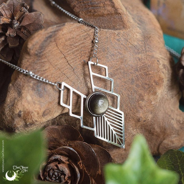 Collier "Athena" Obsidienne dorée, acier inoxydable - Illustrations & Bijoux fantaisie ClairObscur Art