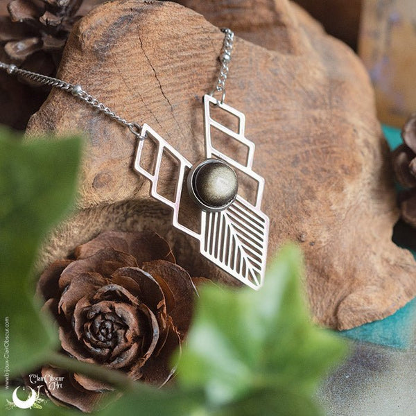 Collier "Athena" Obsidienne dorée, acier inoxydable - Illustrations & Bijoux fantaisie ClairObscur Art