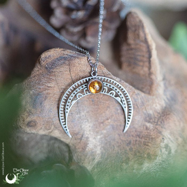 Collier "Aurora" en Ambre, Labradorite ou Grenat - Acier inoxydable - Illustrations & Bijoux fantaisie ClairObscur Art