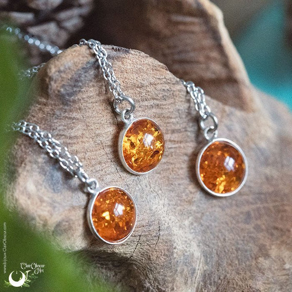 Collier Fantaisie Ambre de la mer Baltique, Argent et acier inoxydable - Illustrations & Bijoux fantaisie ClairObscur Art
