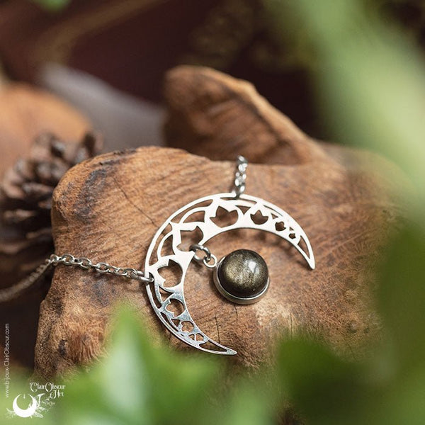 Collier "SIRONA" Obsidienne dorée, en acier inoxydable, taille de la chaine au choix - Illustrations & Bijoux fantaisie ClairObscur Art