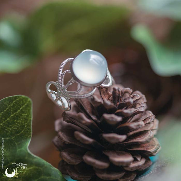 Bague elfique "Elwing" Calcédoine aqua - Lisse ou facettée, Ajustable - Illustrations & Bijoux fantaisie ClairObscur Art