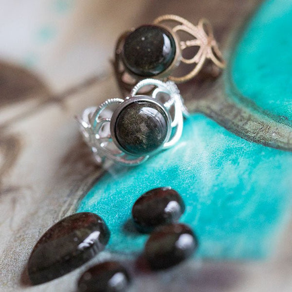 Bague elfique "Elwing" Obsidienne dorée - Illustrations & Bijoux fantaisie ClairObscur Art