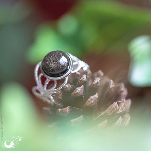 Bague elfique "Elwing" Obsidienne dorée - Ajustable - Illustrations & Bijoux fantaisie ClairObscur Art