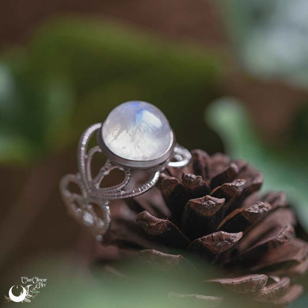 Bague elfique "Elwing" Pierre de Lune Arc-en-ciel - Ajustable - Illustrations & Bijoux fantaisie ClairObscur Art