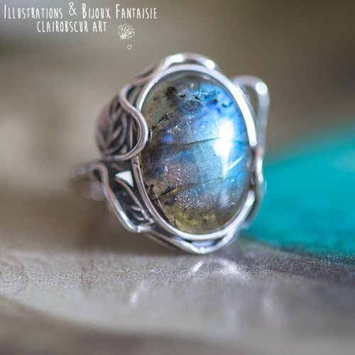 Bague "Myrrha" Labradorite en Argent 925, ajustable - Illustrations & Bijoux fantaisie ClairObscur Art