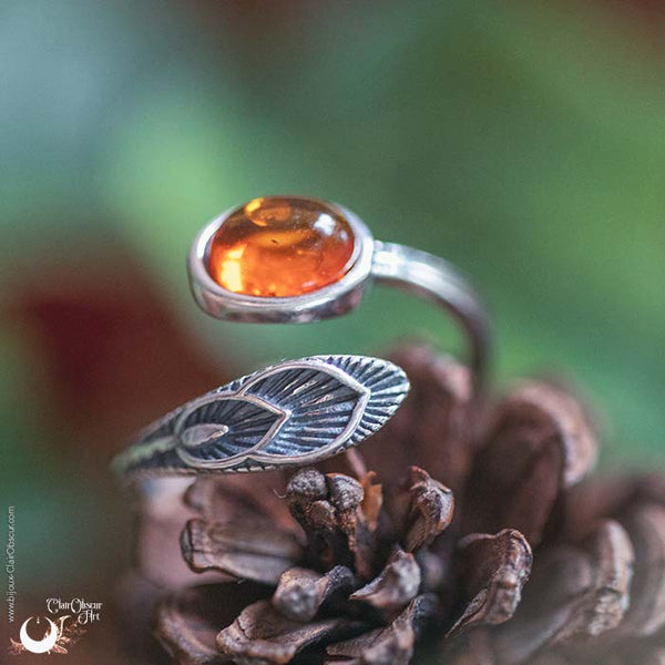 Bague "Plume" Ambre de la mer Baltique en Argent 925, ajustable - Illustrations & Bijoux fantaisie ClairObscur Art