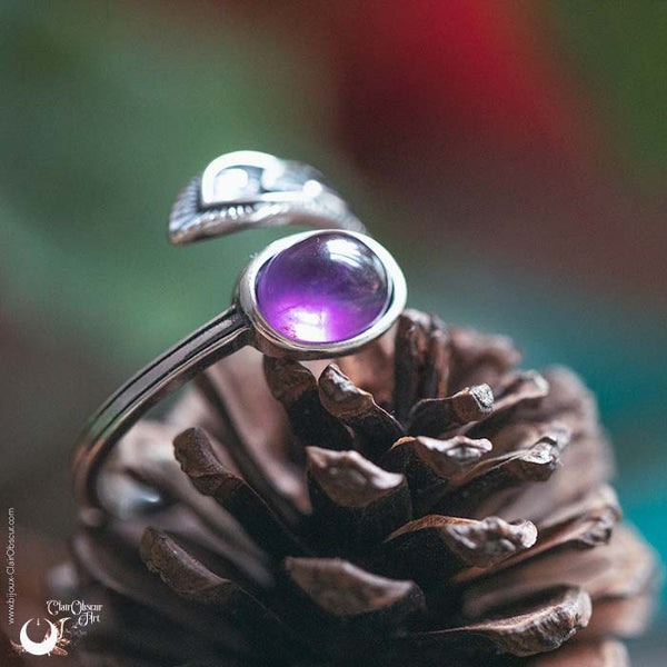Bague "Plume" Améthyste en Argent 925, ajustable - Illustrations & Bijoux fantaisie ClairObscur Art