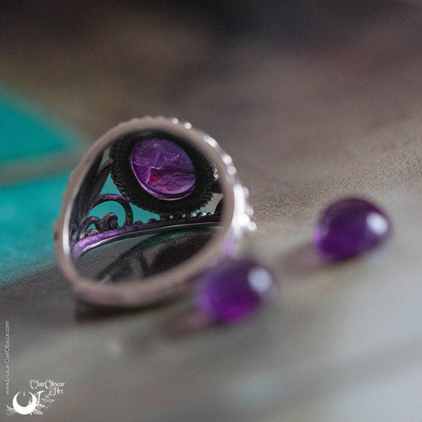 Bague "Swan" Améthyste ajustable, en Argent 925 - Illustrations & Bijoux fantaisie ClairObscur Art