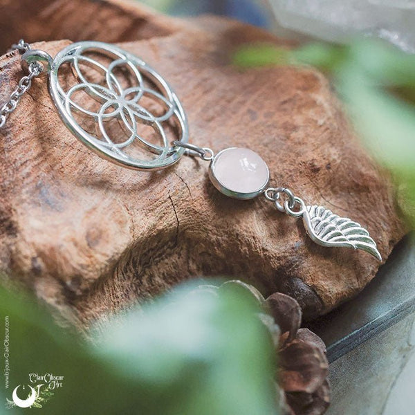 Collier "Fleur de Vie" Quartz rose personnalisable - Illustrations & Bijoux fantaisie ClairObscur Art