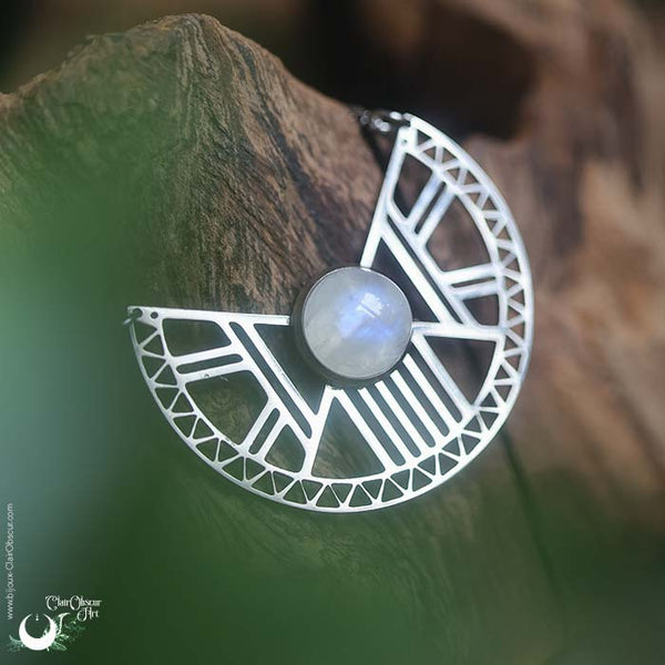 Collier "Héra" Pierre de Lune arc-en-ciel, acier inoxydable - Illustrations & Bijoux fantaisie ClairObscur Art