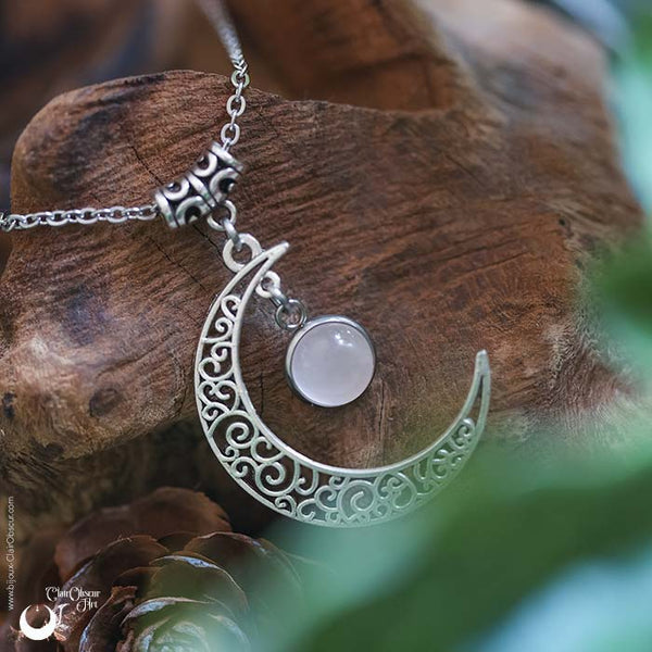 Collier "Luna" Quartz rose, taille de la chaine au choix - Illustrations & Bijoux fantaisie ClairObscur Art