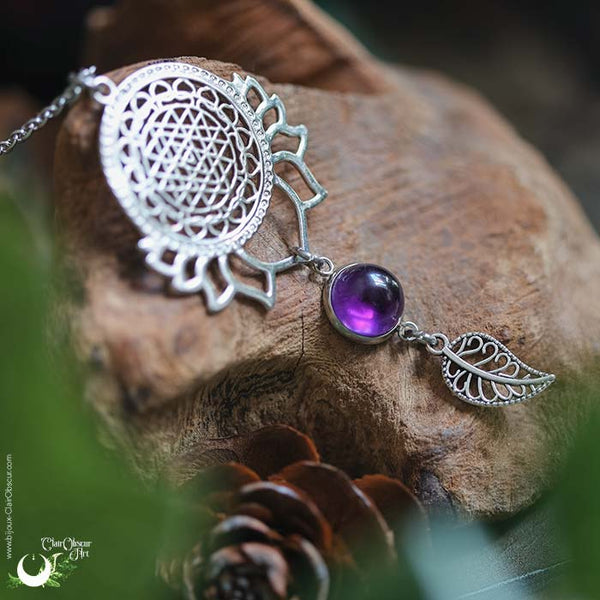 Collier "Sri Yantra Lotus" Améthyste personnalisable - Illustrations & Bijoux fantaisie ClairObscur Art