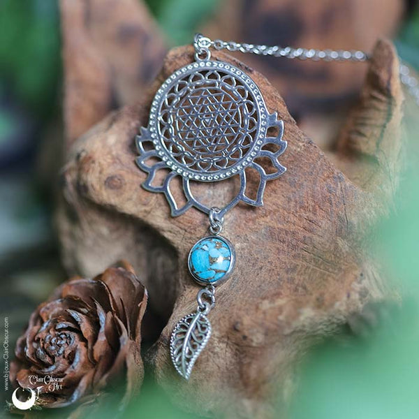 Collier "Sri Yantra Lotus" Turquoise personnalisable - Illustrations & Bijoux fantaisie ClairObscur Art