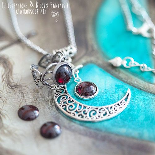 Parure Collier Luna et bague elfique "Elwing", pierre au choix ! - Illustrations & Bijoux fantaisie ClairObscur Art