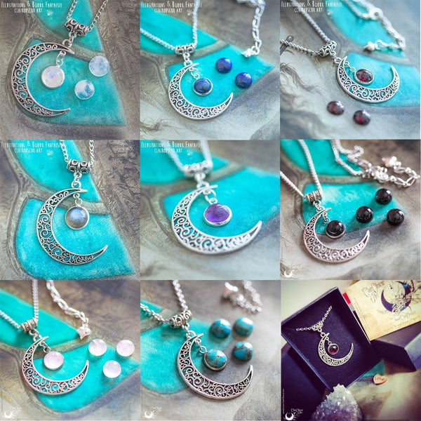 Parure Collier Luna et bague elfique "Elwing", pierre au choix ! - Illustrations & Bijoux fantaisie ClairObscur Art