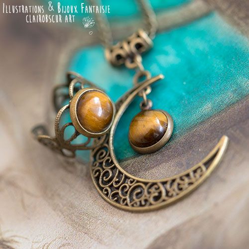 Parure Collier Luna et bague elfique "Elwing", pierre au choix ! - Illustrations & Bijoux fantaisie ClairObscur Art