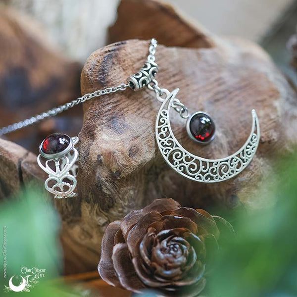 Parure Collier Luna et bague elfique "Elwing", pierre au choix ! - Illustrations & Bijoux fantaisie ClairObscur Art