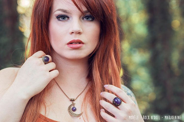 Parure Collier Luna et bague elfique "Elwing", pierre au choix ! - Illustrations & Bijoux fantaisie ClairObscur Art