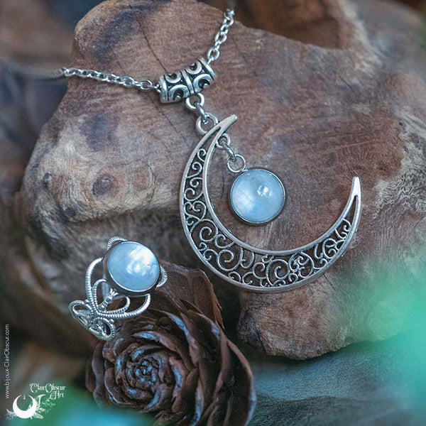 Parure Collier Luna et bague elfique "Elwing", pierre au choix ! - Illustrations & Bijoux fantaisie ClairObscur Art