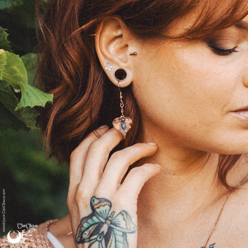 Boucles d'oreilles Feuilles de Lierre & Pierre de lune arc-en-ciel