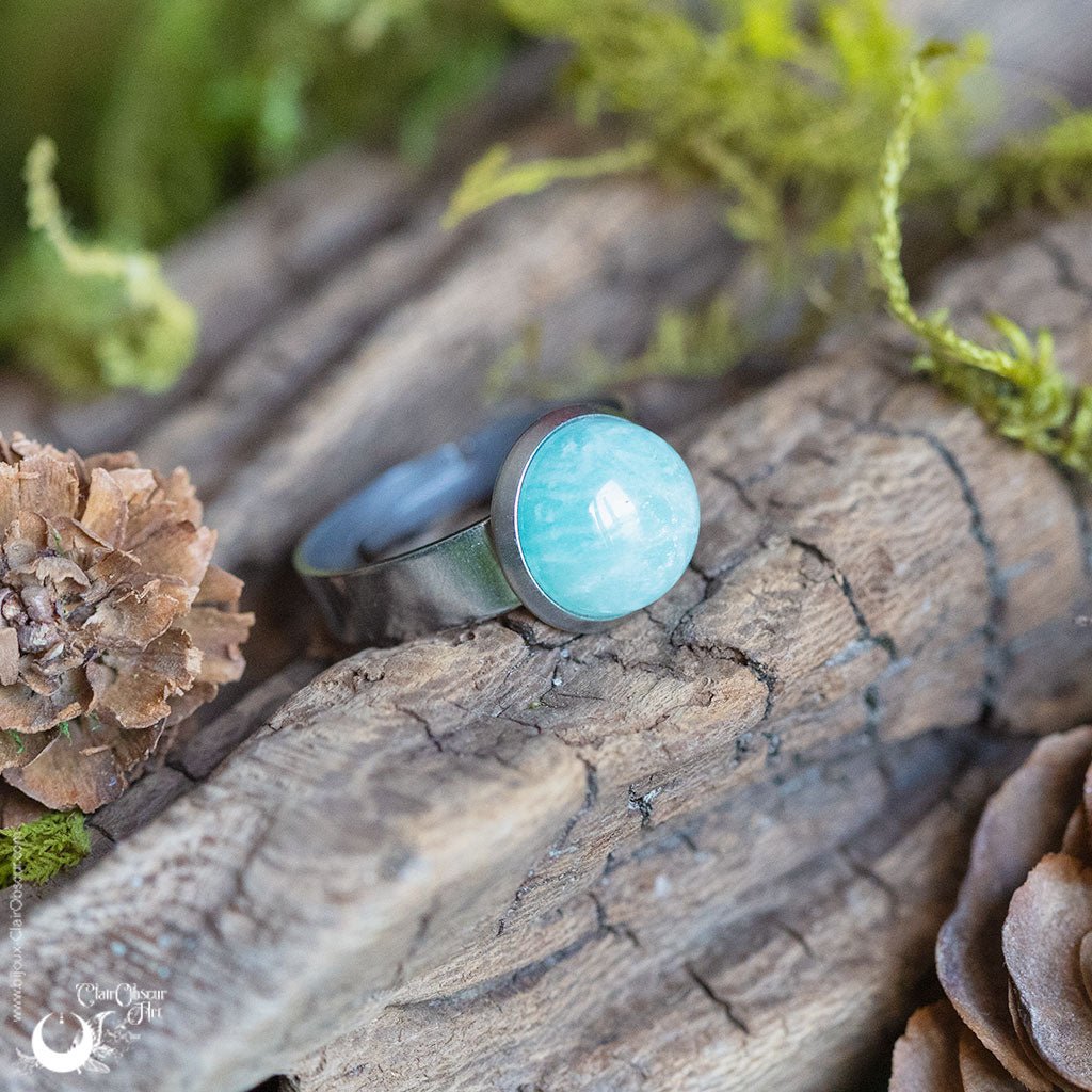 Bague "Aphéléia" acier inoxydable, pierre au choix - ajustable - Illustrations & Bijoux fantaisie ClairObscur Art