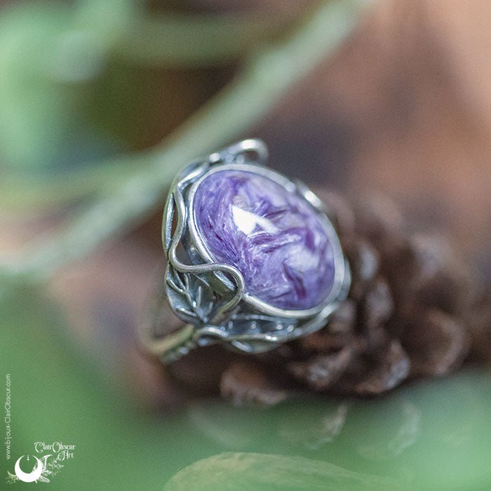 Bague "Myrrha" Charoïte en Argent 925, ajustable - pièce unique - Illustrations & Bijoux fantaisie ClairObscur Art