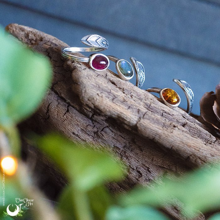 Bague "Plume" en Argent 925, pierre au choix - Illustrations & Bijoux fantaisie ClairObscur Art