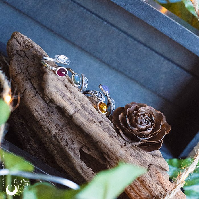 Bague "Plume" en Argent 925, pierre au choix - Illustrations & Bijoux fantaisie ClairObscur Art