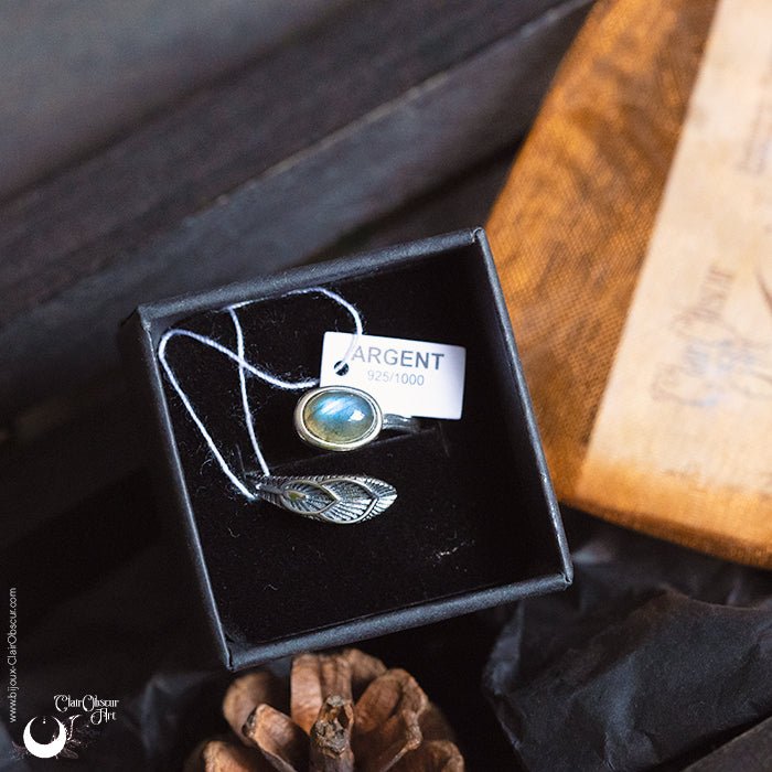 Bague "Plume" en Argent 925, pierre au choix - Illustrations & Bijoux fantaisie ClairObscur Art