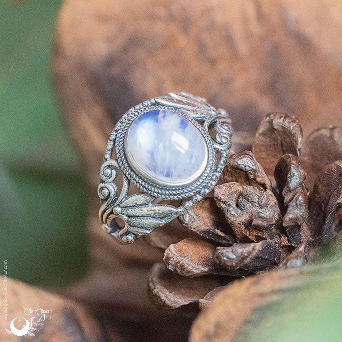Bague "Swan" Pierre de Lune arc - en - ciel ajustable, en Argent 925 - Illustrations & Bijoux fantaisie ClairObscur Art