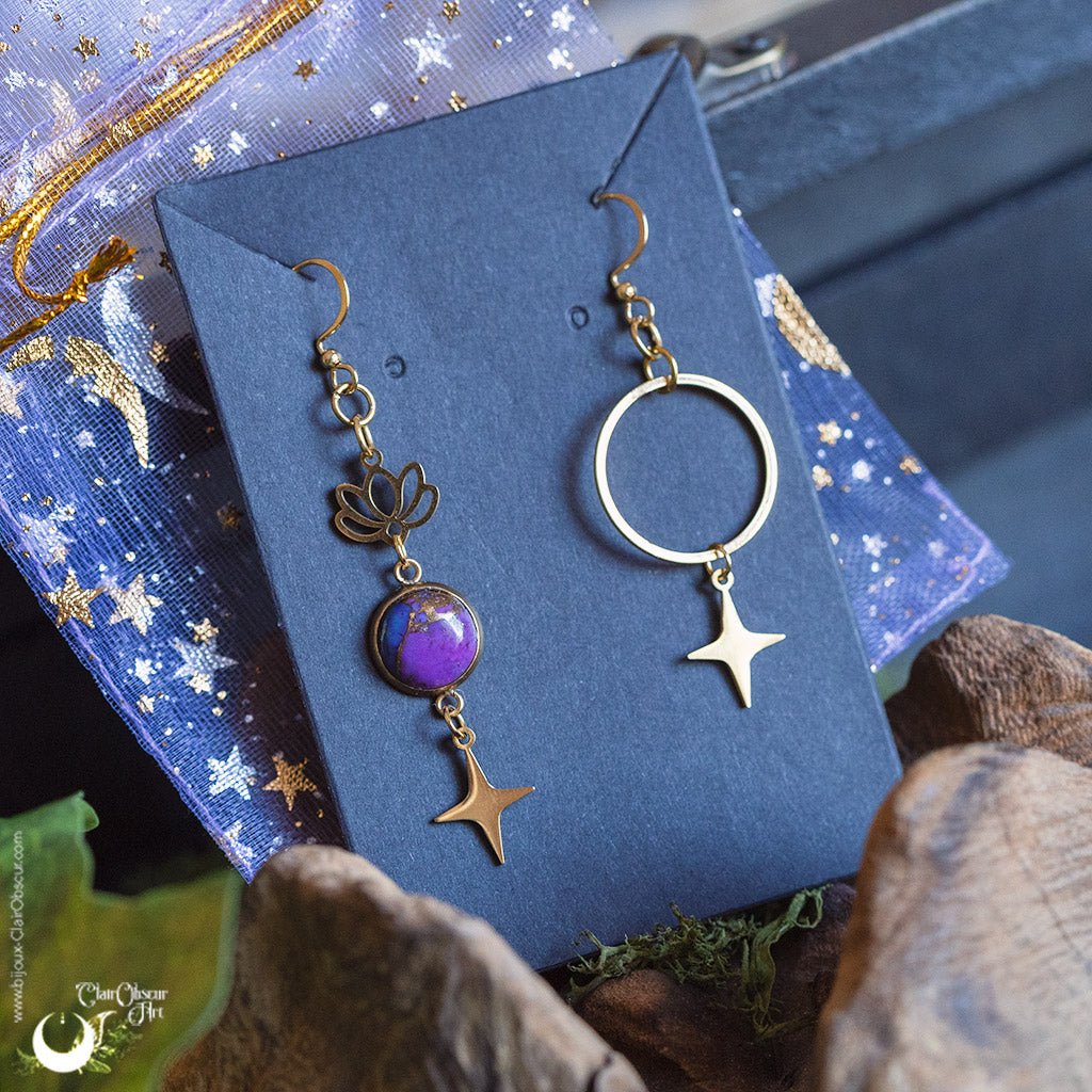 Boucles d'Oreilles Asymétriques Turquoise purple copper - Illustrations & Bijoux fantaisie ClairObscur Art