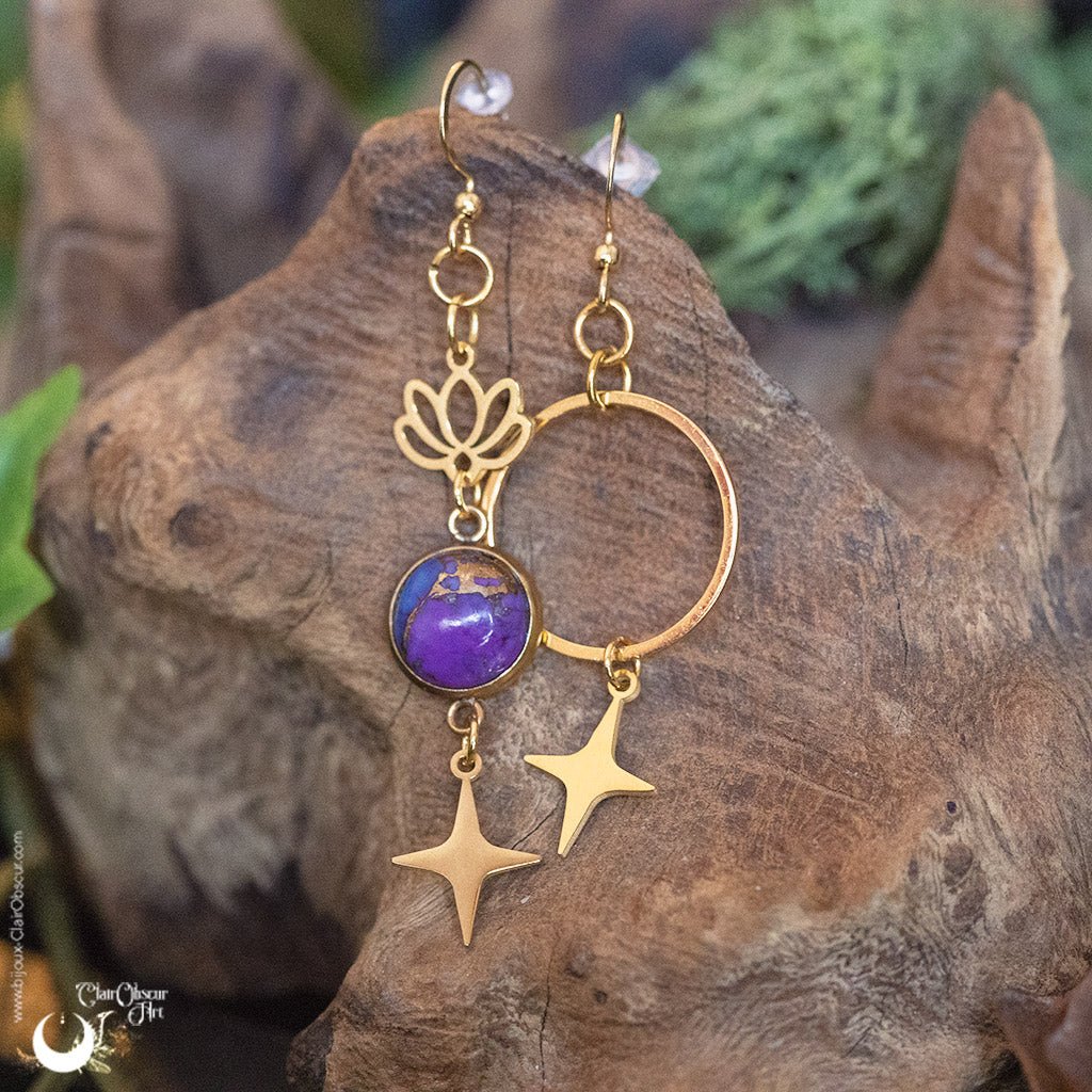 Boucles d'Oreilles Asymétriques Turquoise purple copper - Illustrations & Bijoux fantaisie ClairObscur Art