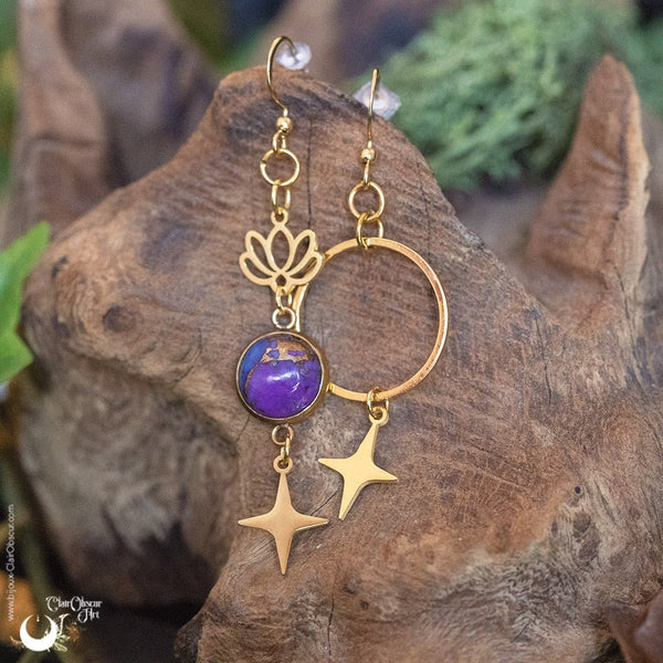 Boucles d'Oreilles Asymétriques Turquoise purple copper - Illustrations & Bijoux fantaisie ClairObscur Art