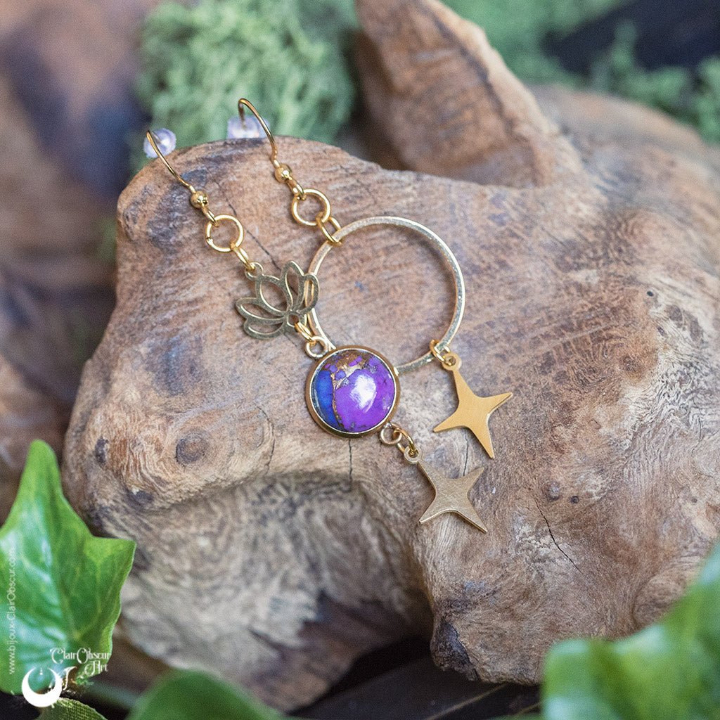 Boucles d'Oreilles Asymétriques Turquoise purple copper - Illustrations & Bijoux fantaisie ClairObscur Art