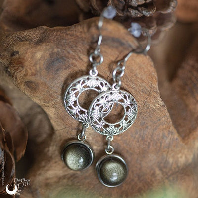Boucles d'Oreilles "Calliope" Obsidienne dorée - Illustrations & Bijoux fantaisie ClairObscur Art