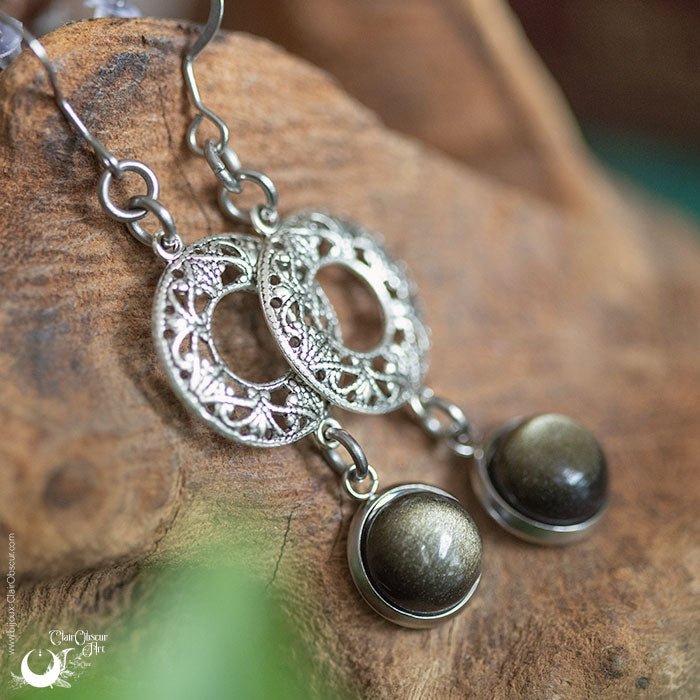 Boucles d'Oreilles "Calliope" Obsidienne dorée - Illustrations & Bijoux fantaisie ClairObscur Art