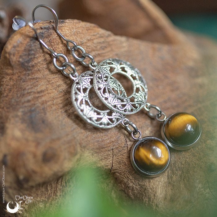 Boucles d'Oreilles "Calliope" Oeil de Tigre - Illustrations & Bijoux fantaisie ClairObscur Art