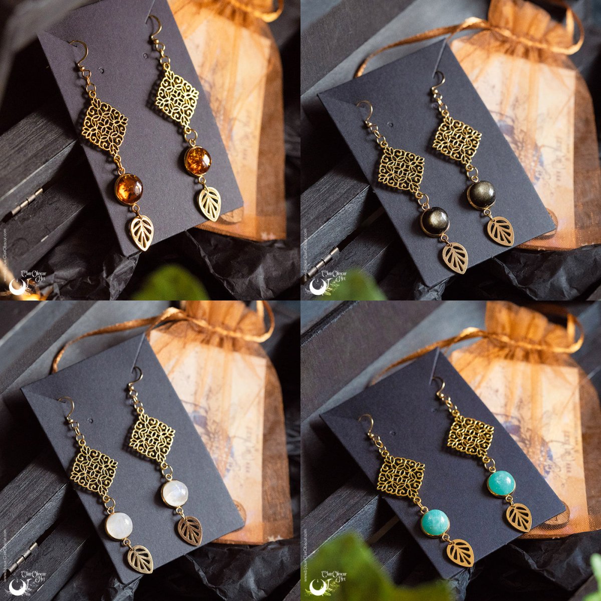 Boucles d’oreilles “Eliara” pierre au choix - Illustrations & Bijoux fantaisie ClairObscur Art