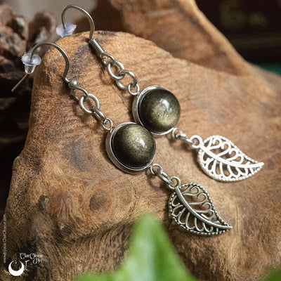 Boucles d'Oreilles Fantaisie Obsidienne dorée, breloque au choix - Illustrations & Bijoux fantaisie ClairObscur Art
