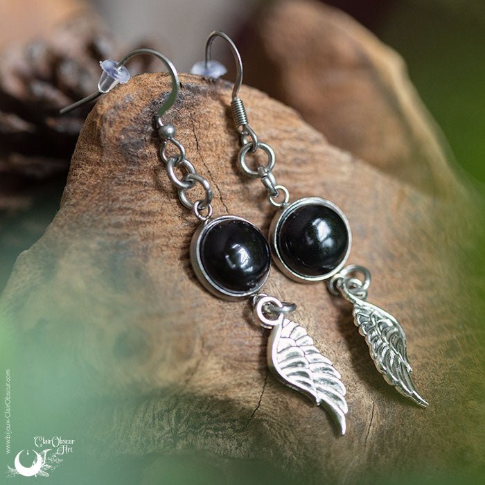 Boucles d'Oreilles Fantaisie Onyx, breloque au choix - Illustrations & Bijoux fantaisie ClairObscur Art